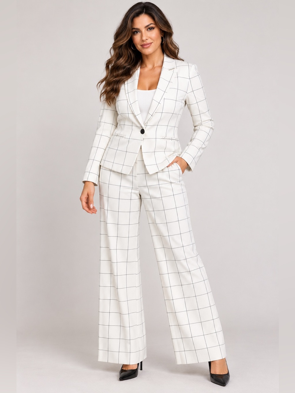 Classic White Windowpane Pantsuit with Tailored Blazer